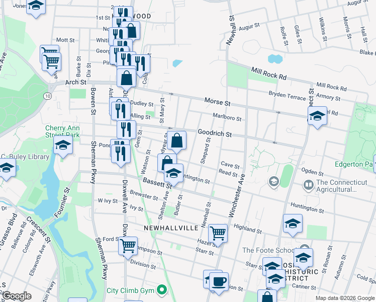 map of restaurants, bars, coffee shops, grocery stores, and more near 146 Butler Street in New Haven