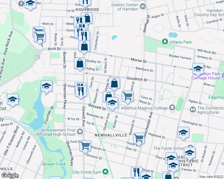 map of restaurants, bars, coffee shops, grocery stores, and more near 89 Goodyear Street in New Haven
