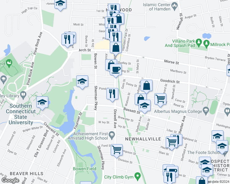 map of restaurants, bars, coffee shops, grocery stores, and more near 765 Dixwell Avenue in New Haven