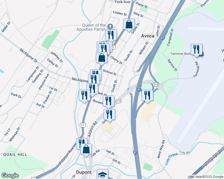 map of restaurants, bars, coffee shops, grocery stores, and more near 1100-1108 McAlpine Street in Avoca