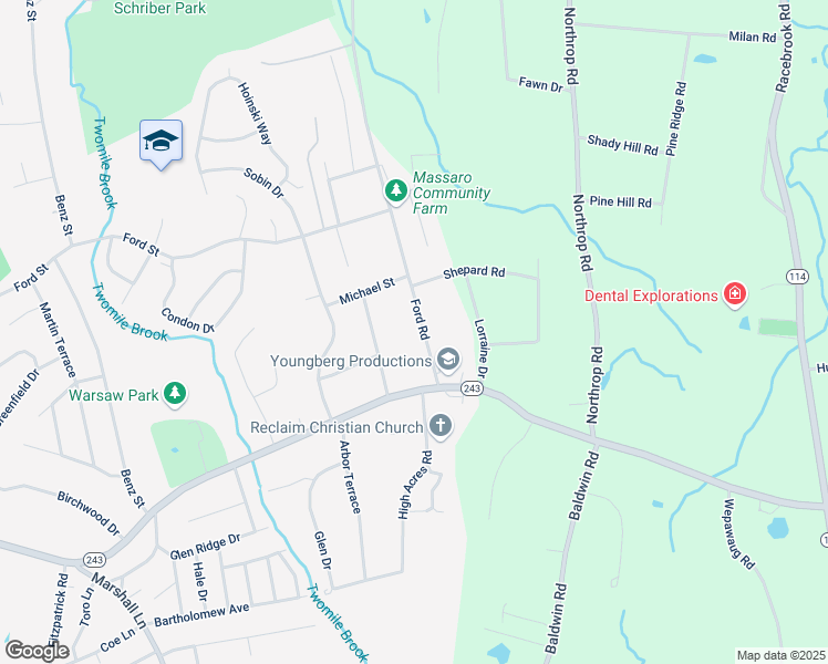 map of restaurants, bars, coffee shops, grocery stores, and more near 11 Ford Road in Ansonia