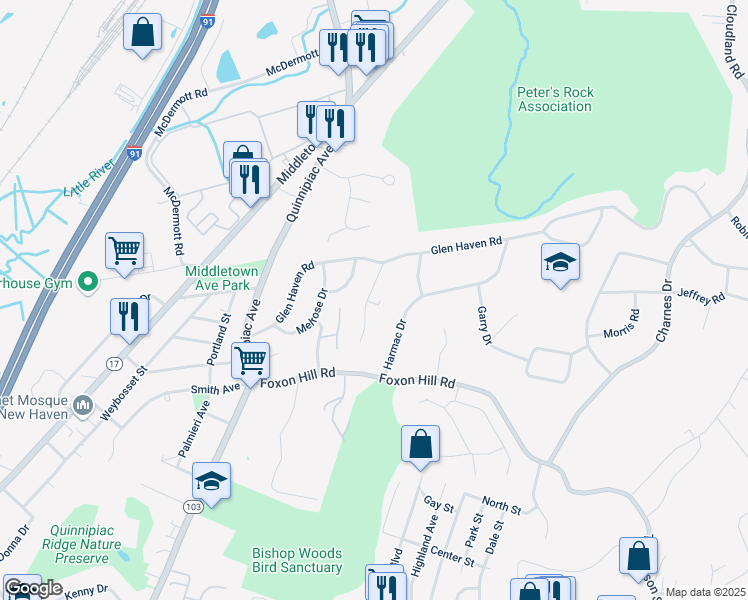 map of restaurants, bars, coffee shops, grocery stores, and more near 44 Oak Ridge Drive in New Haven