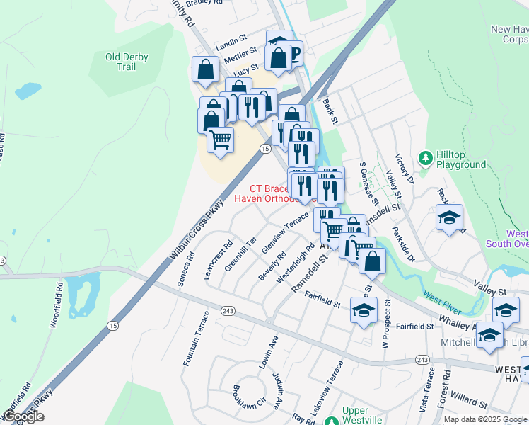 map of restaurants, bars, coffee shops, grocery stores, and more near 99 Frederick Street in New Haven