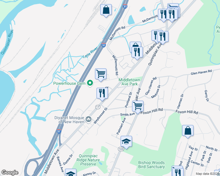 map of restaurants, bars, coffee shops, grocery stores, and more near 191 Gando Drive in New Haven