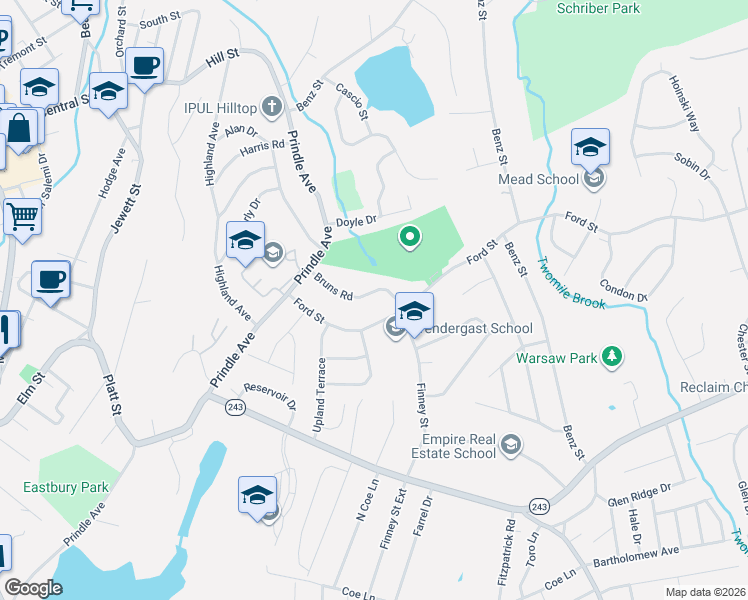 map of restaurants, bars, coffee shops, grocery stores, and more near 18 Bruns Road in Ansonia