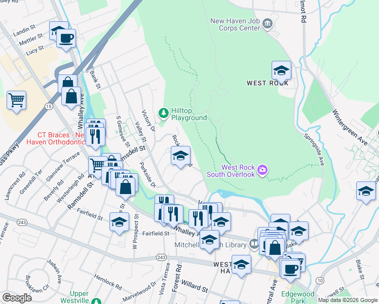 map of restaurants, bars, coffee shops, grocery stores, and more near 29 Rock Creek Road in New Haven