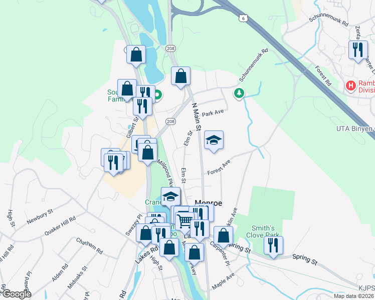 map of restaurants, bars, coffee shops, grocery stores, and more near 240 Elm Street in Monroe