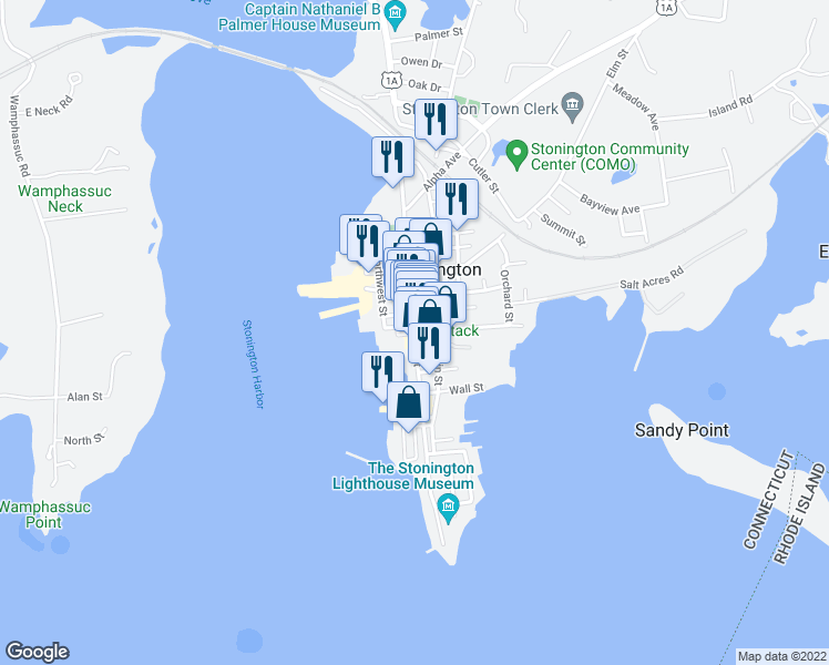 map of restaurants, bars, coffee shops, grocery stores, and more near 6 Church Street in Stonington