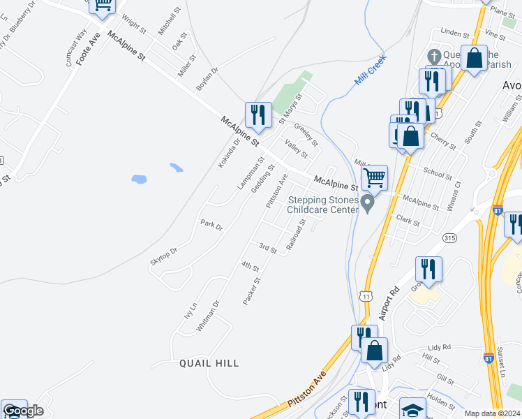 map of restaurants, bars, coffee shops, grocery stores, and more near 510 McAlpine Street in Avoca
