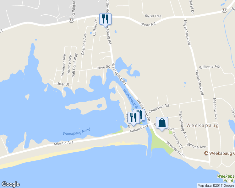 map of restaurants, bars, coffee shops, grocery stores, and more near 68 Breach Drive in Westerly