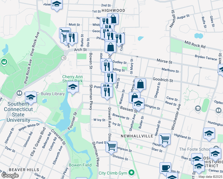 map of restaurants, bars, coffee shops, grocery stores, and more near 765 Dixwell Avenue in New Haven