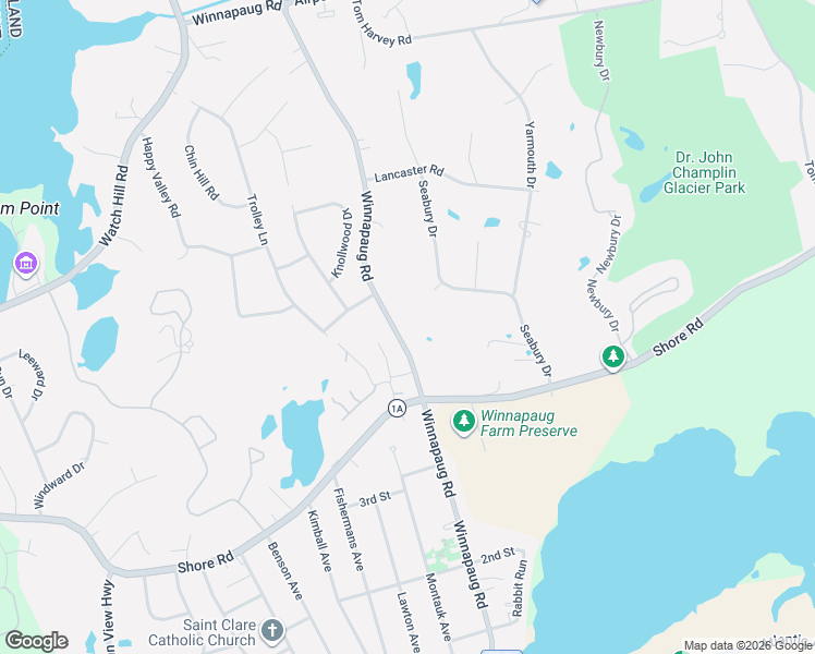 map of restaurants, bars, coffee shops, grocery stores, and more near 121 Winnapaug Road in Westerly