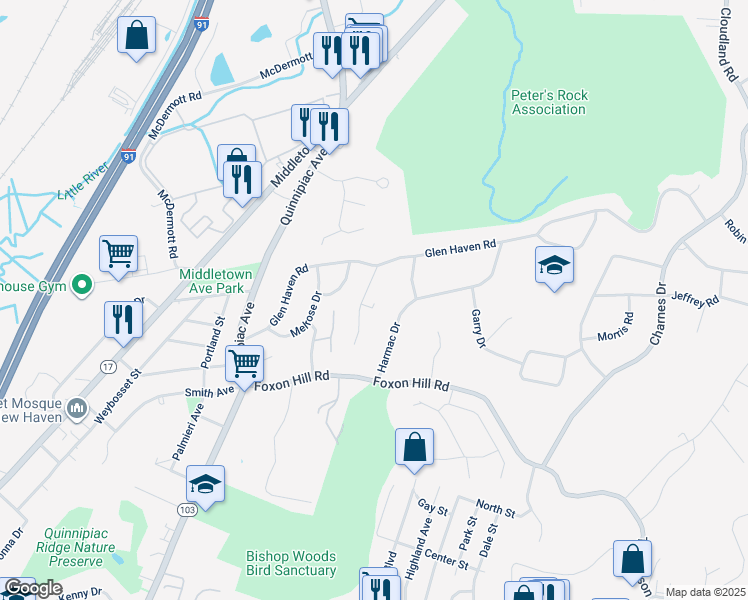 map of restaurants, bars, coffee shops, grocery stores, and more near 44 Oak Ridge Drive in New Haven