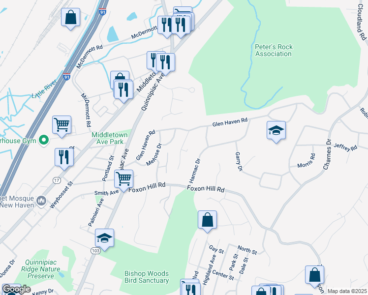 map of restaurants, bars, coffee shops, grocery stores, and more near 44 Oak Ridge Drive in New Haven