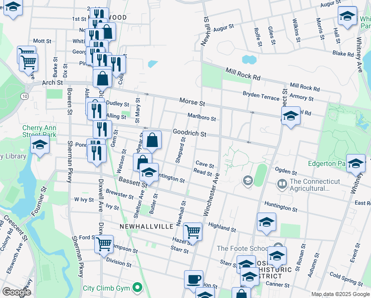 map of restaurants, bars, coffee shops, grocery stores, and more near 92 Shepard Street in New Haven