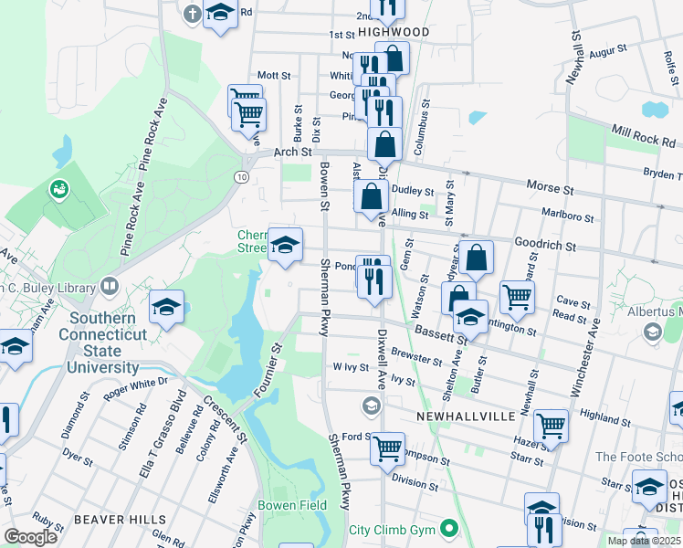 map of restaurants, bars, coffee shops, grocery stores, and more near 58 Pond Street in New Haven