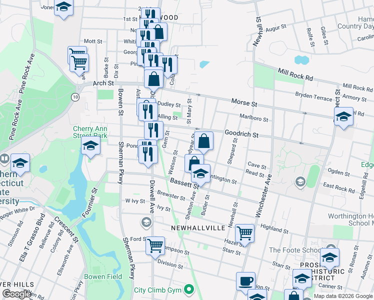 map of restaurants, bars, coffee shops, grocery stores, and more near 74 Goodyear Street in New Haven