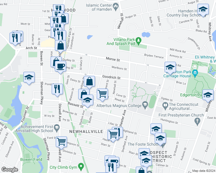 map of restaurants, bars, coffee shops, grocery stores, and more near 97 Shepard Street in New Haven