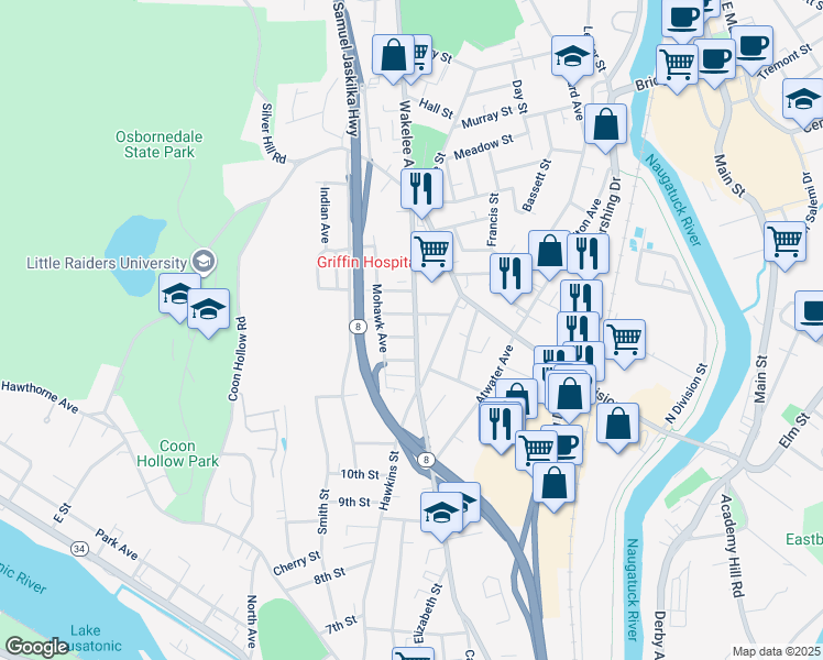 map of restaurants, bars, coffee shops, grocery stores, and more near 236 Seymour Avenue in Derby