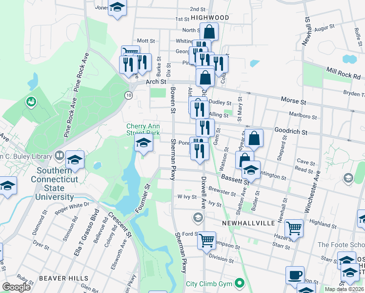 map of restaurants, bars, coffee shops, grocery stores, and more near 58 Pond Street in New Haven