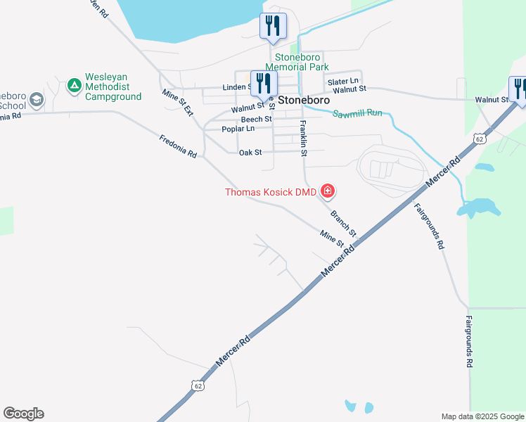 map of restaurants, bars, coffee shops, grocery stores, and more near 61 Mine Street in Stoneboro