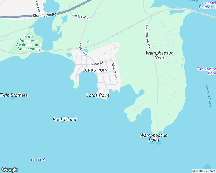 map of restaurants, bars, coffee shops, grocery stores, and more near 73 Langworthy Avenue in Stonington