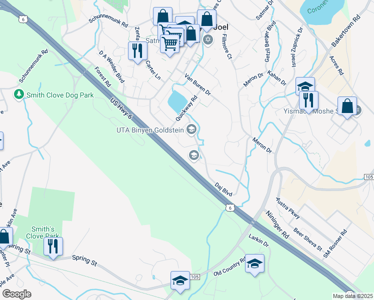 map of restaurants, bars, coffee shops, grocery stores, and more near 7 Stropkov Court in Kiryas Joel