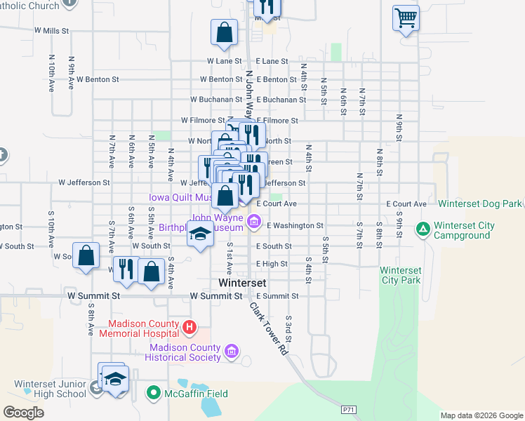 map of restaurants, bars, coffee shops, grocery stores, and more near 116 East Court Avenue in Winterset