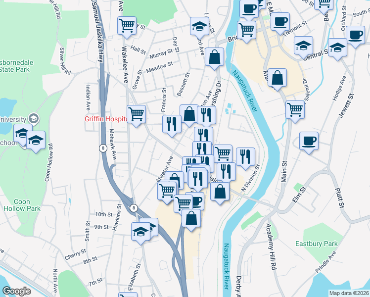 map of restaurants, bars, coffee shops, grocery stores, and more near 11 Cook Street in Ansonia
