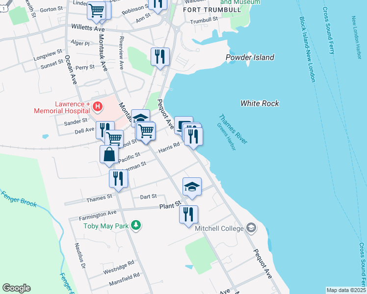 map of restaurants, bars, coffee shops, grocery stores, and more near 265R Pequot Avenue in New London