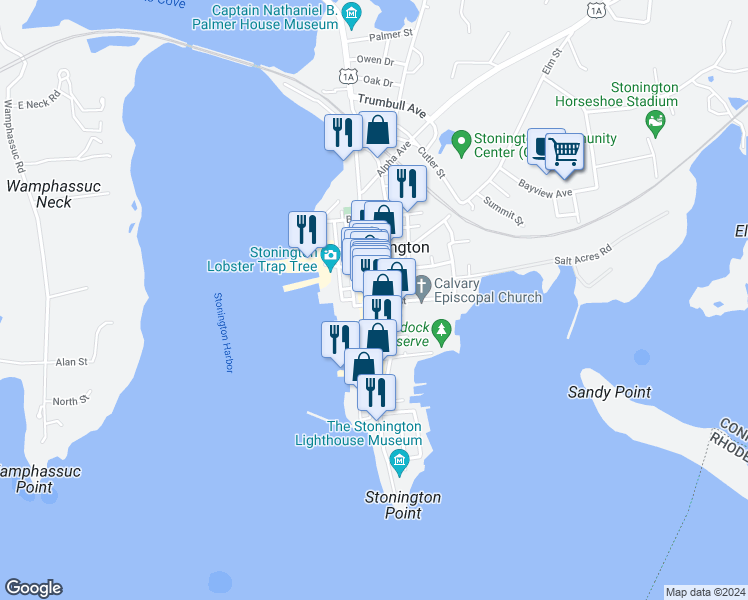 map of restaurants, bars, coffee shops, grocery stores, and more near 112 Water Street in Stonington