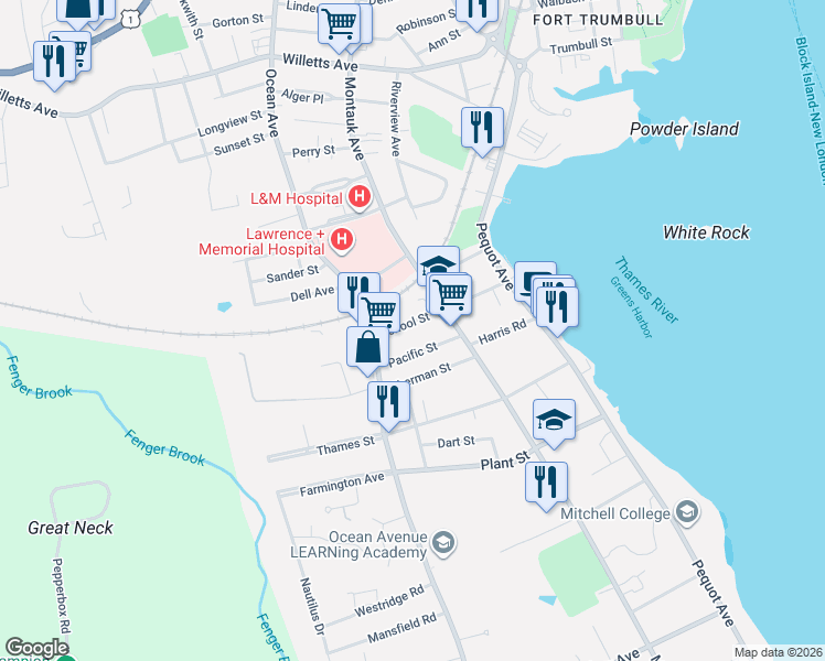 map of restaurants, bars, coffee shops, grocery stores, and more near 94 School Street in New London