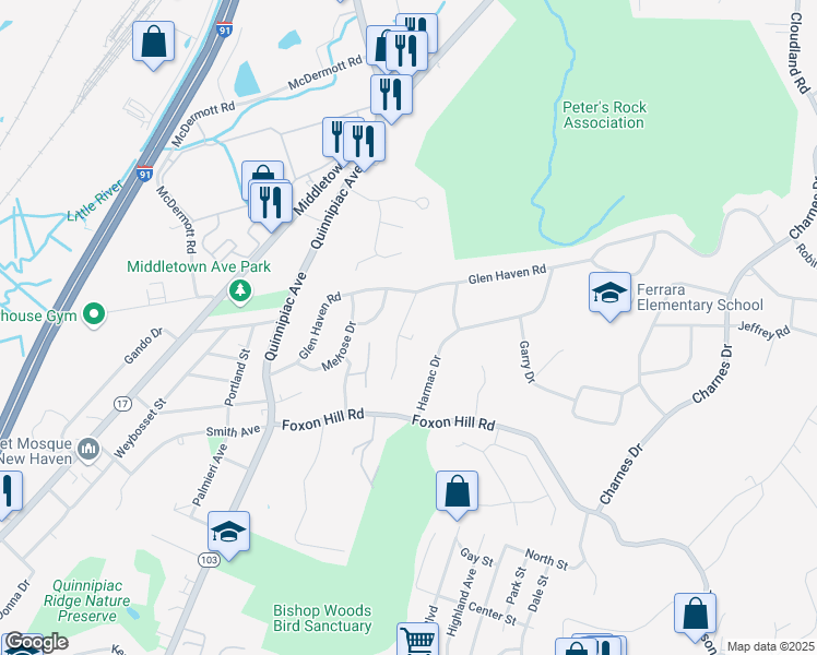 map of restaurants, bars, coffee shops, grocery stores, and more near 44 Oak Ridge Drive in New Haven