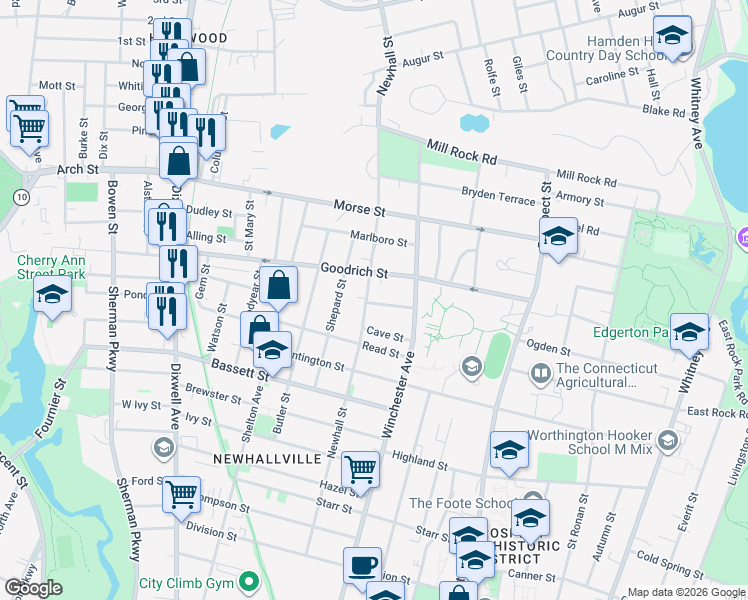map of restaurants, bars, coffee shops, grocery stores, and more near 375 Newhall Street in New Haven