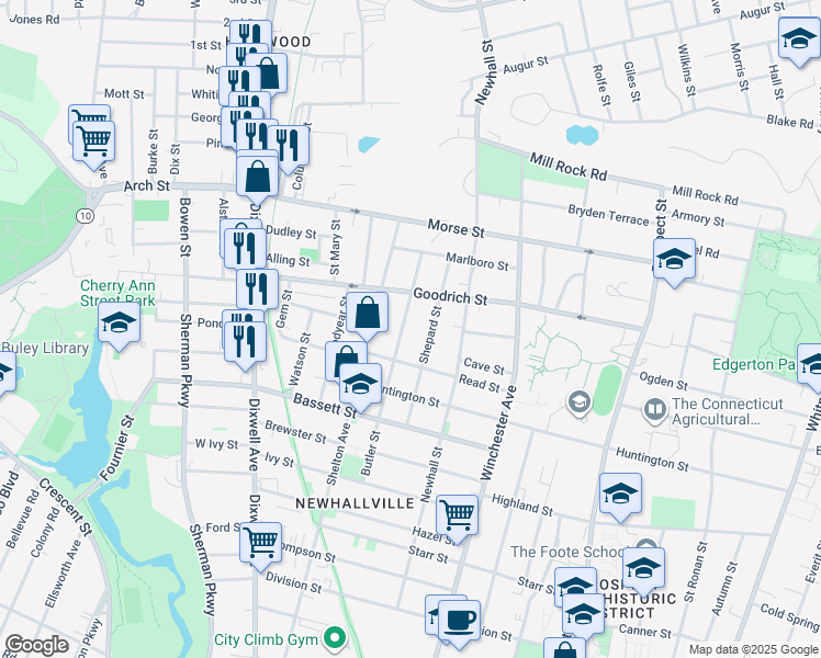 map of restaurants, bars, coffee shops, grocery stores, and more near 92 Shepard Street in New Haven