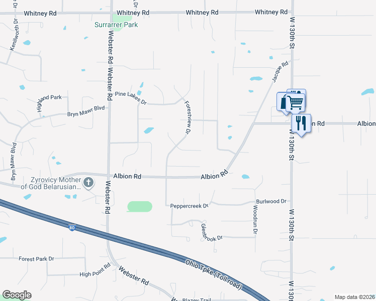 map of restaurants, bars, coffee shops, grocery stores, and more near 13907 Blackberry Circle in Strongsville