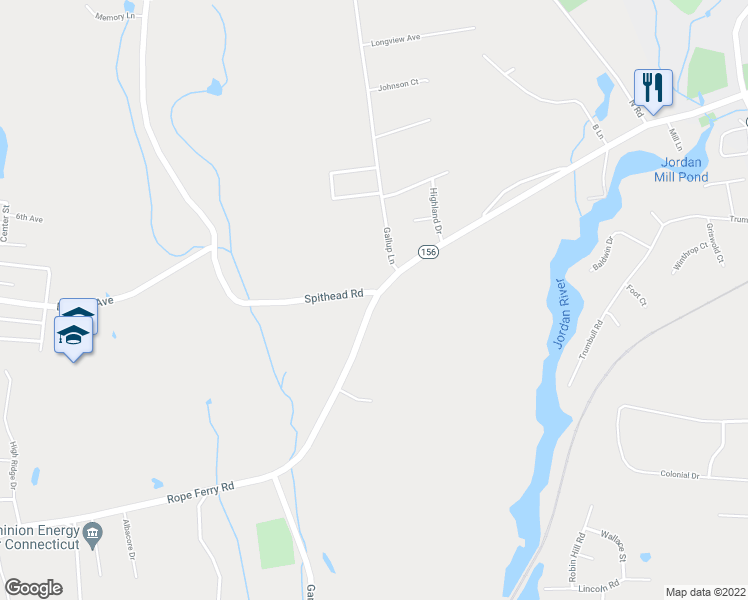 map of restaurants, bars, coffee shops, grocery stores, and more near Rope Ferry Road in Waterford