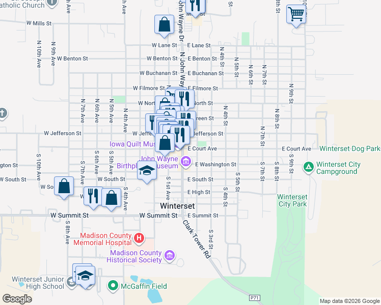 map of restaurants, bars, coffee shops, grocery stores, and more near 116 East Court Avenue in Winterset