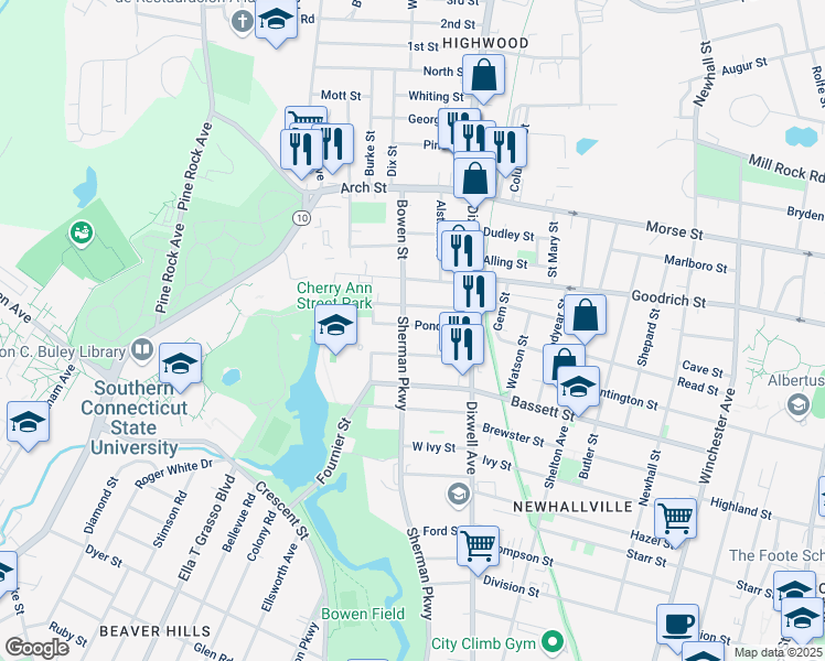 map of restaurants, bars, coffee shops, grocery stores, and more near 58 Pond Street in New Haven