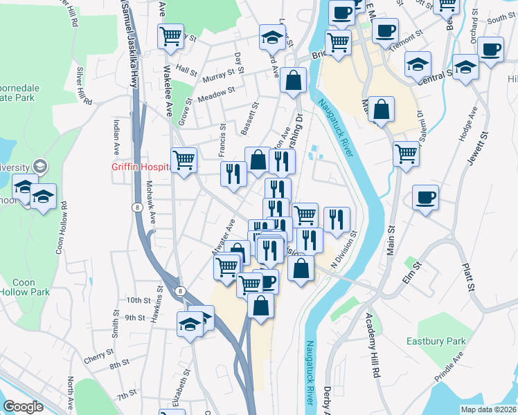 map of restaurants, bars, coffee shops, grocery stores, and more near 11 Cook Street in Ansonia