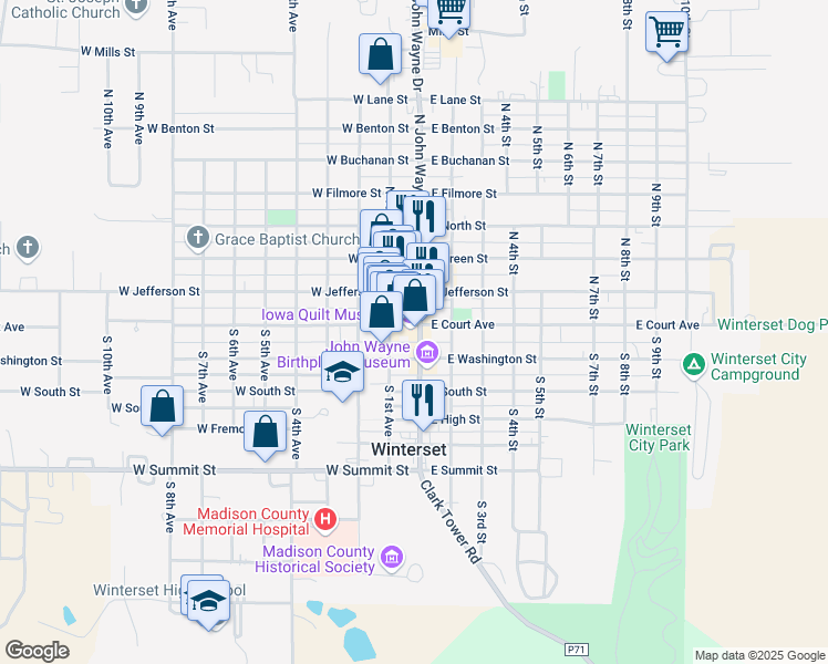 map of restaurants, bars, coffee shops, grocery stores, and more near 66 East Court Avenue in Winterset
