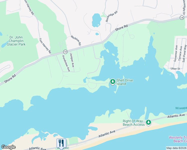 map of restaurants, bars, coffee shops, grocery stores, and more near 28 Brightman Way in Westerly