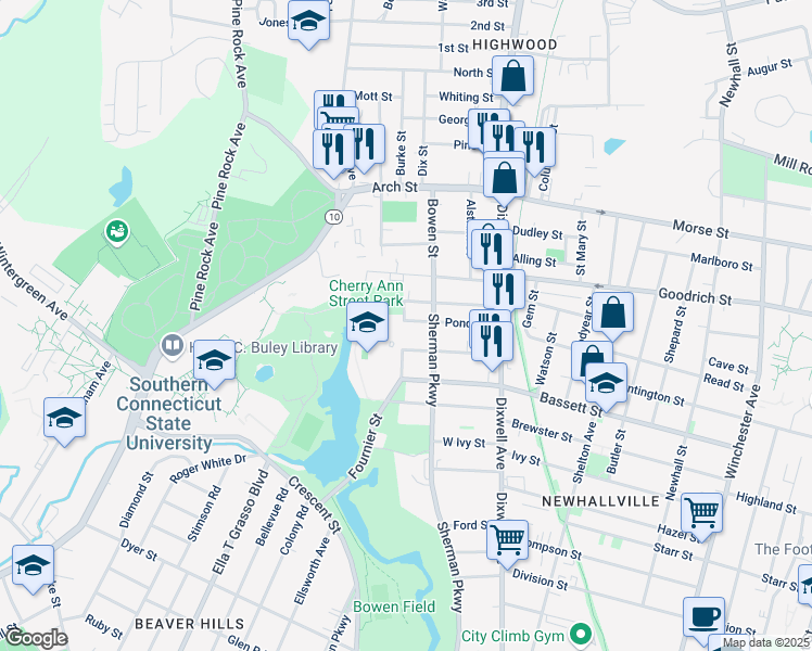 map of restaurants, bars, coffee shops, grocery stores, and more near 94 Pond Street in New Haven