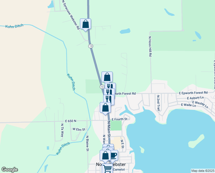 map of restaurants, bars, coffee shops, grocery stores, and more near 6772 Indiana 13 in North Webster