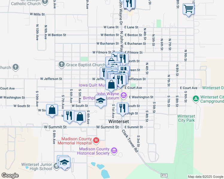 map of restaurants, bars, coffee shops, grocery stores, and more near 102 West Court Avenue in Winterset