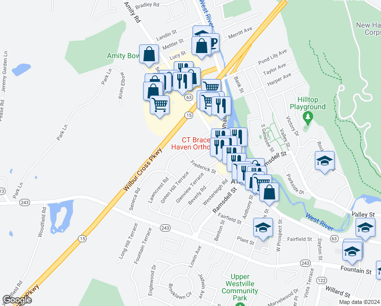 map of restaurants, bars, coffee shops, grocery stores, and more near 111 Frederick Street in New Haven