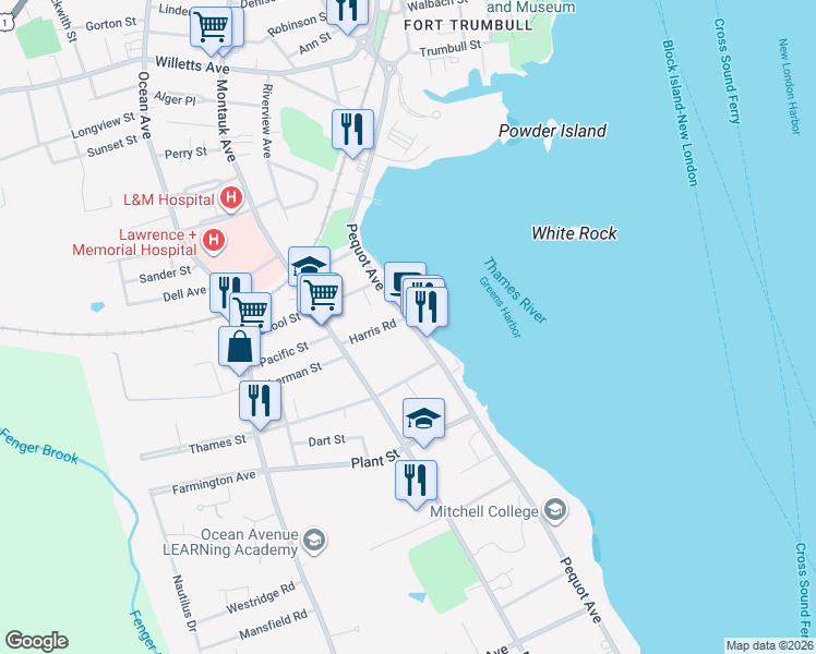 map of restaurants, bars, coffee shops, grocery stores, and more near 249 Pequot Avenue in New London