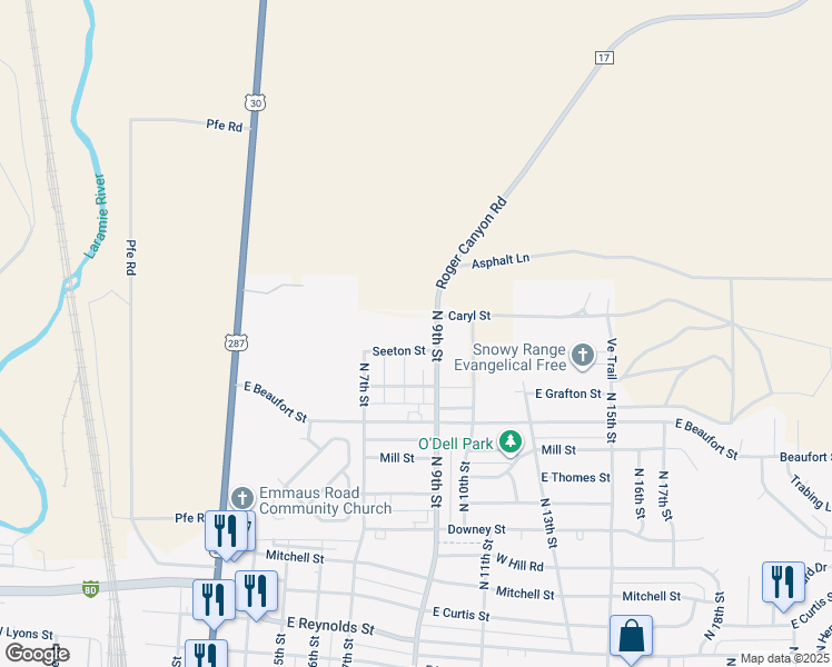 map of restaurants, bars, coffee shops, grocery stores, and more near 10 North 9th Street in Laramie