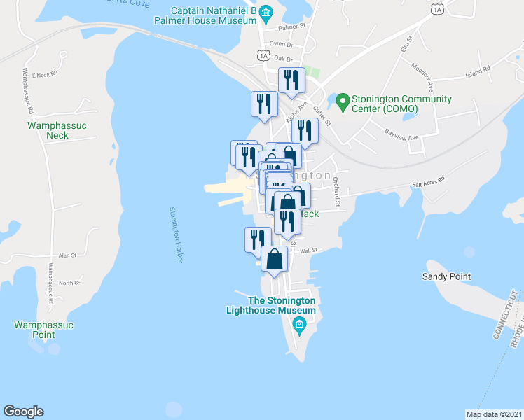 map of restaurants, bars, coffee shops, grocery stores, and more near 9 Northwest Street in Stonington