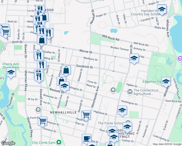 map of restaurants, bars, coffee shops, grocery stores, and more near 375 Newhall Street in New Haven